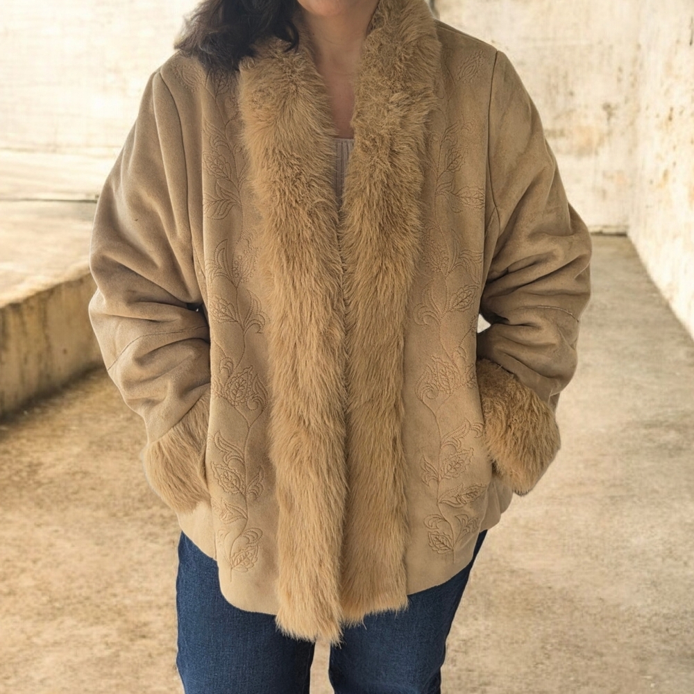 Lane Bryant Tan Teddy Jacket with Faux Fur Trim